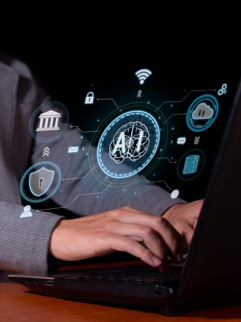 Vertical photo of A man interacts with artificial intelligence to optimize and automate computing.