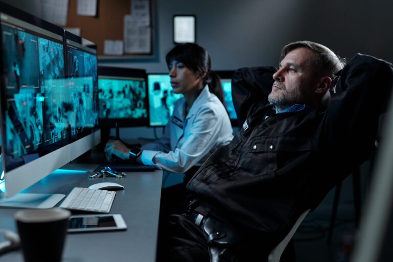 Mature male officer in black uniform keeping hands behind head while sitting in armchair in front of computer screen with cctv video