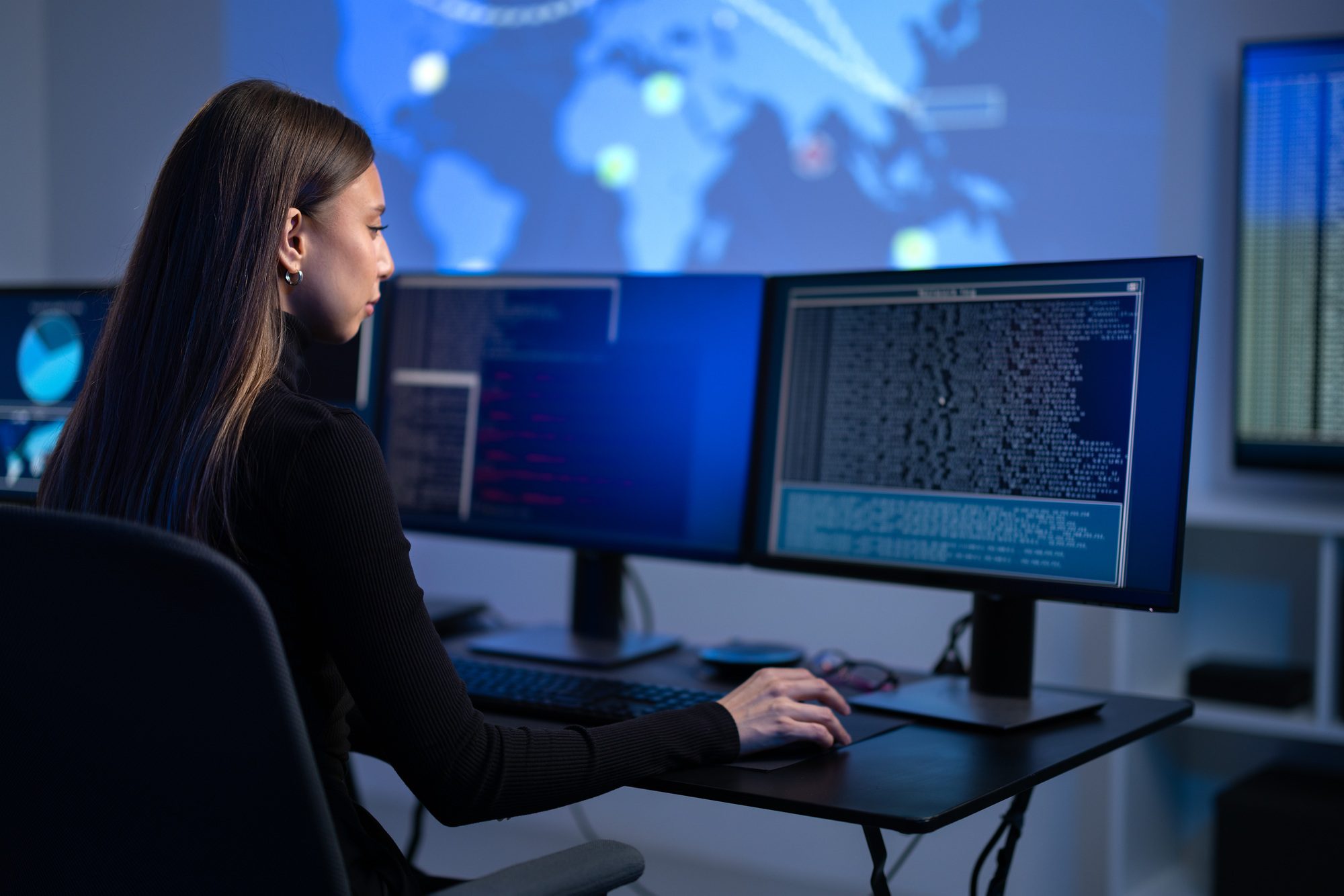 Busy Female IT Consultant in cyber security team working to prevent security threats, vulnerability