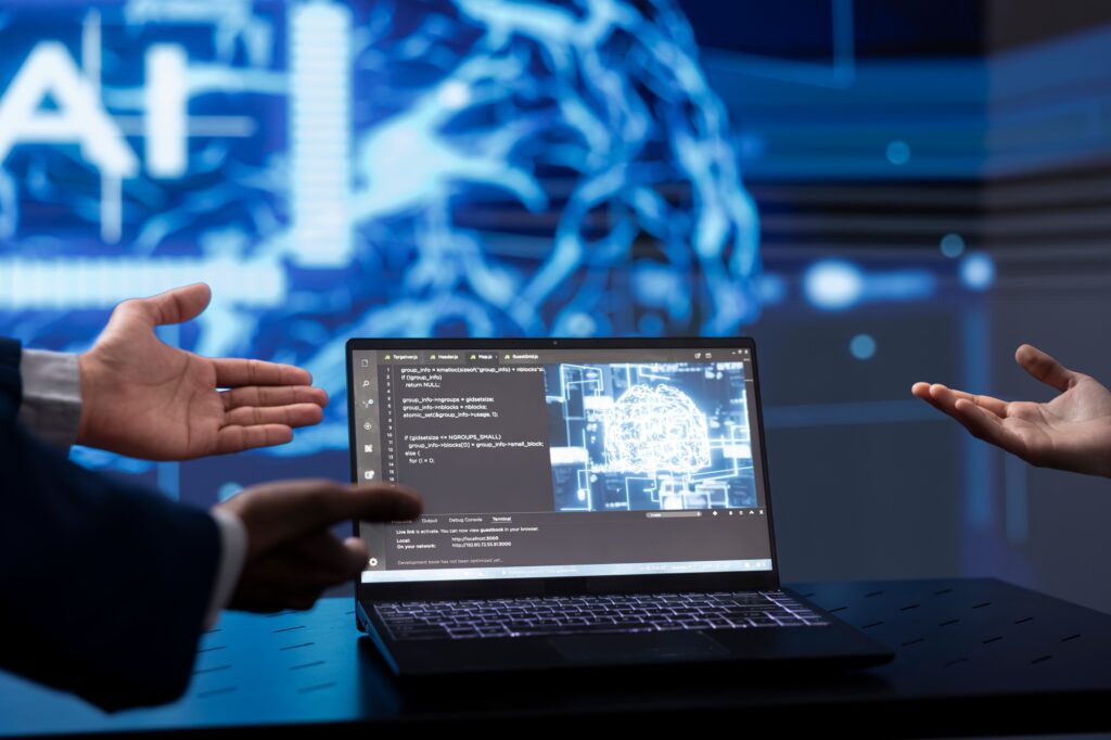 Close up of IT specialists using artificial intelligence technology