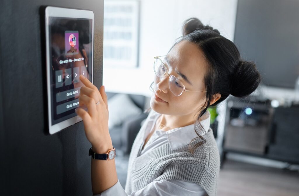 Cyber security, technology and Asian woman with security password in office, workspace and building