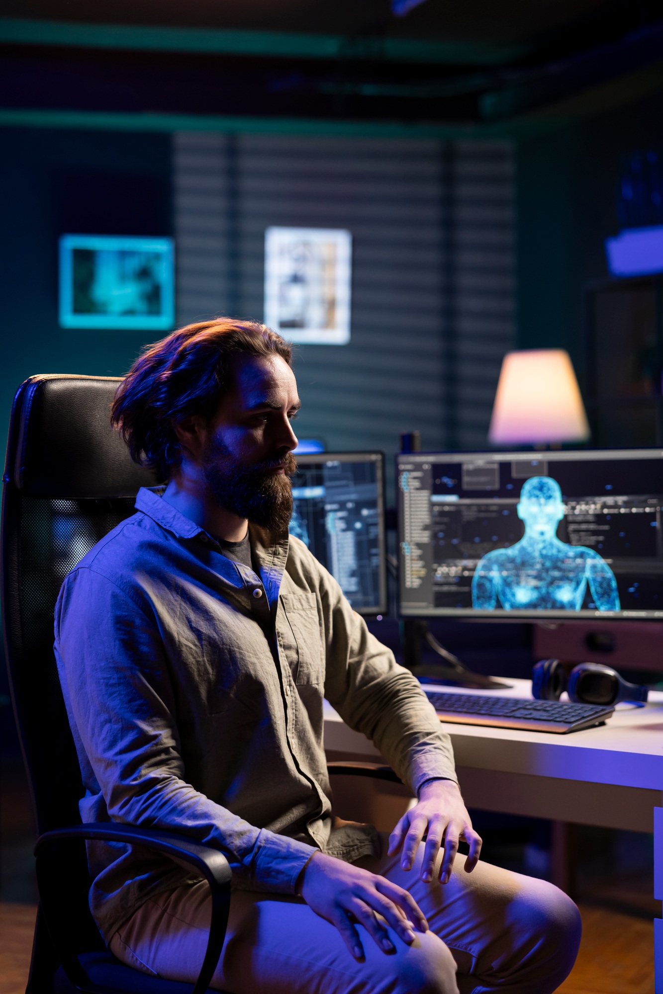 Engineer entering trance, receiving commands from artificial intelligence