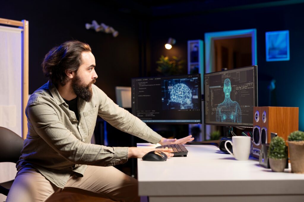 IT developer frightened by self aware artificial intelligence, running from desk