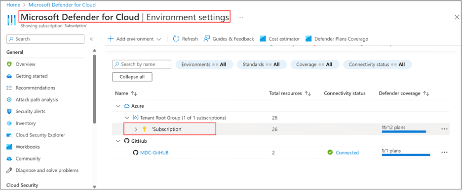 Navigate to Environment Settings in Microsoft Defender for Cloud to select your subscription and manage CSPM plans