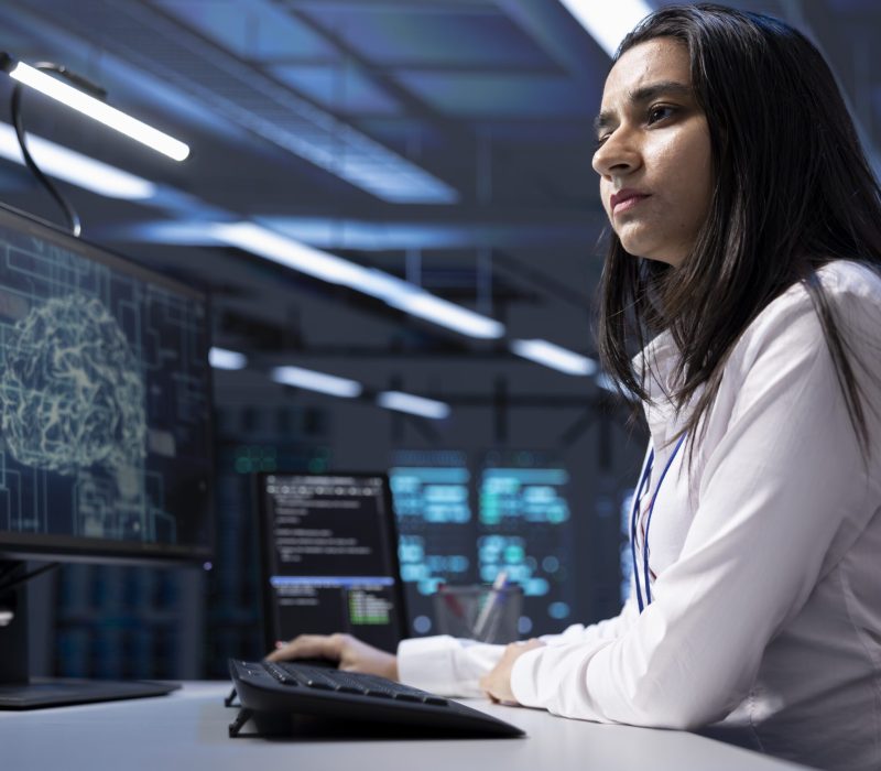 Admin working on PC in data center with artificial intelligence technology to process massive datasets. Worker solving tasks in server hub storing data used for deep learning